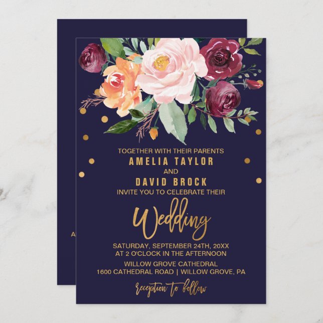 Invitación Boda de doble cara floral de otoño (Anverso / Reverso)