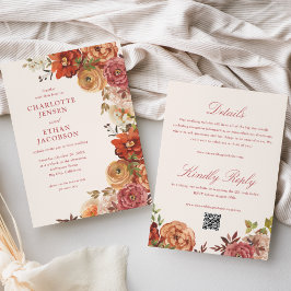 Invitación Boda de doble cara floral rustica de otoño