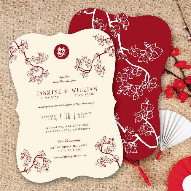 Invitación Boda de doble felicidad de depilación/depilación r (Red/Ivory Peach/Plum Blossoms Double Happiness Chinese Wedding Invitation @ fatfatin_red_knot)