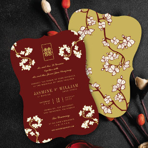 Invitación Boda de Doble Felicidad Flores de Melocotón/Ciruel