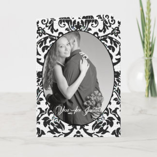Invitación Boda de doble foto de Damasco floral blanco y negr