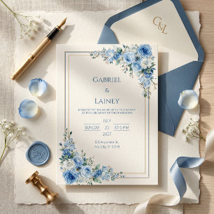 Invitación Boda de Doble Marco de Rosa Dorada Azul Polvorient