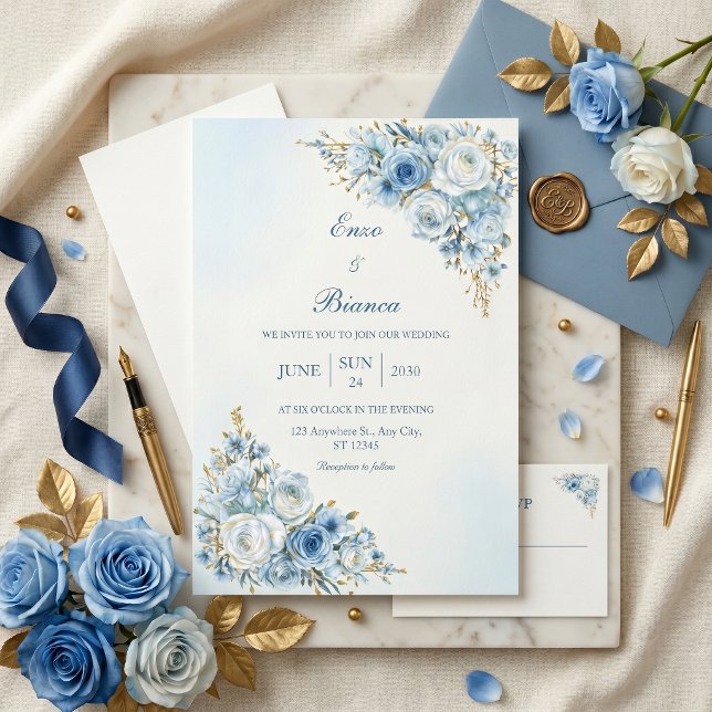Invitación Boda de Doble Marco de Rosa Dorada Azul Polvorient (Subido por el creador)