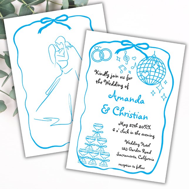 Invitación Boda de dobleces azules dibujados a mano caprichos (Subido por el creador)