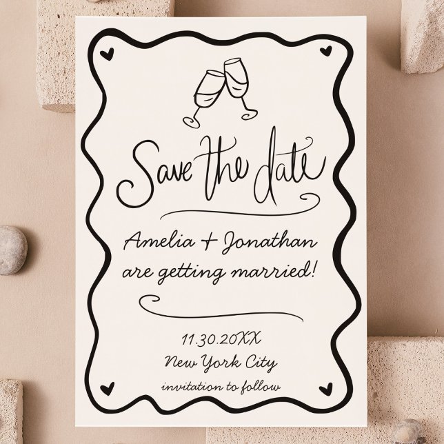 Invitación Boda De Doodle Con Onda Dibujada A Mano Ahorra La  (hand drawn squiggle wavy doodle save the date photo invitation quirky wedding save the date cheers )