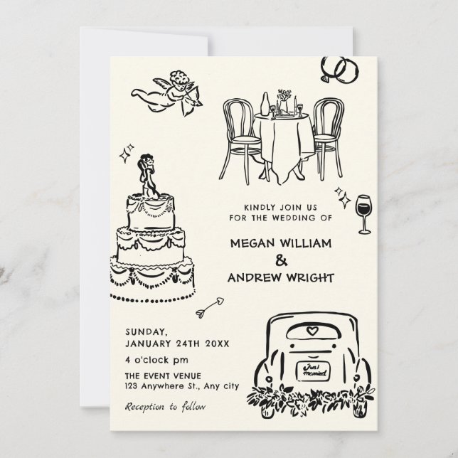 Invitación Boda de doodle dibujado a mano (Anverso)