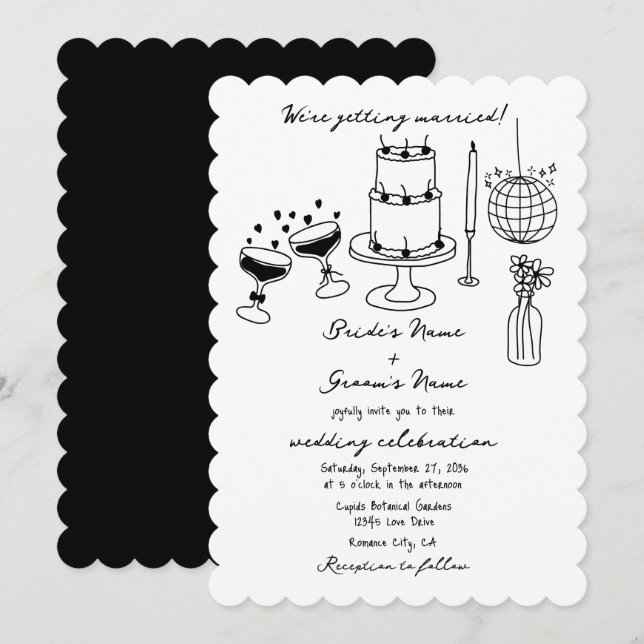 Invitación Boda de Doodles de Ilustraciones negros dibujados  (Anverso / Reverso)