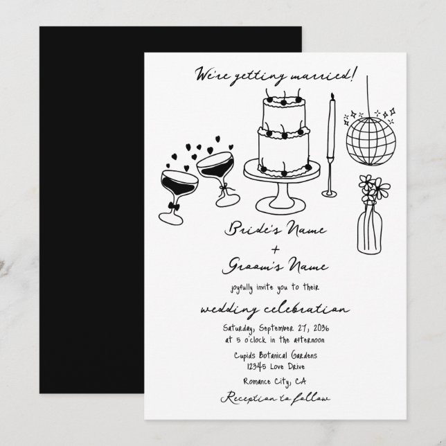 Invitación Boda de Doodles de Ilustraciones negros dibujados  (Anverso / Reverso)