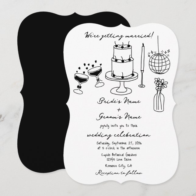 Invitación Boda de Doodles de Ilustraciones negros dibujados  (Anverso / Reverso)