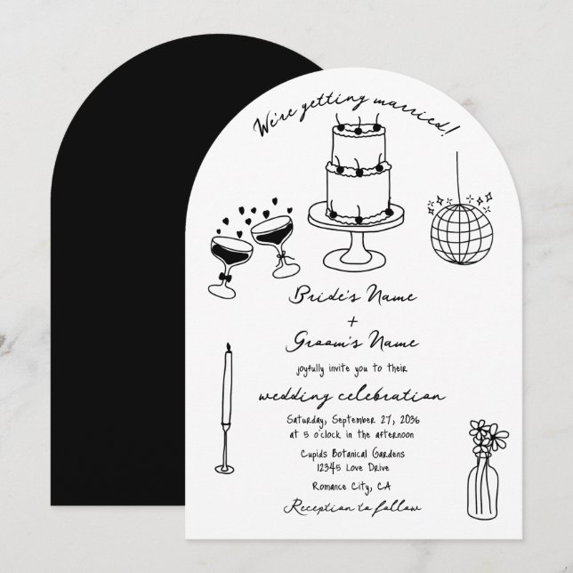 Invitación Boda de Doodles de Ilustraciones negros dibujados  (Anverso / Reverso)