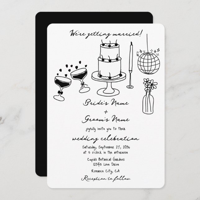 Invitación Boda de Doodles de Ilustraciones negros dibujados  (Anverso / Reverso)