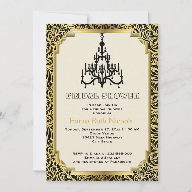 Invitación Boda de  dorado con ducha de novia (Anverso)