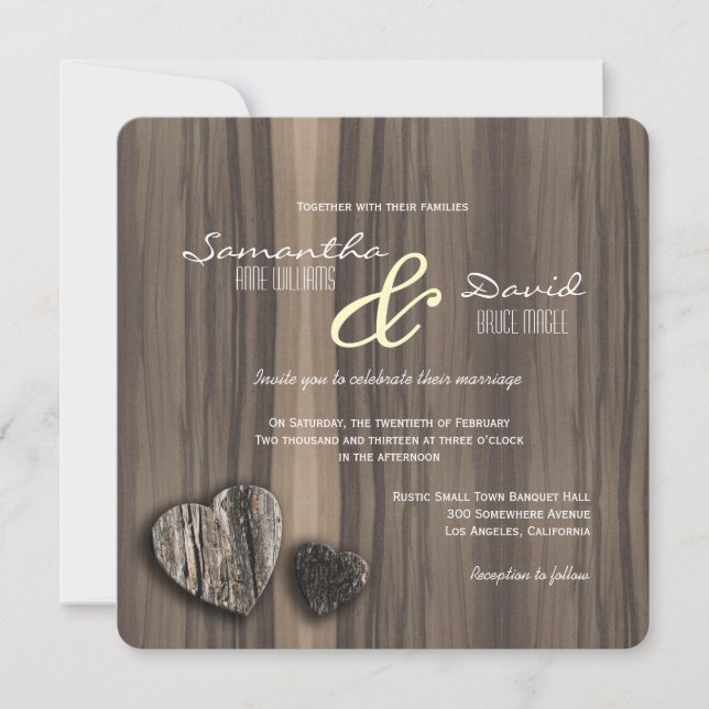 Invitación Boda de dos corazones de madera rústica (Anverso)