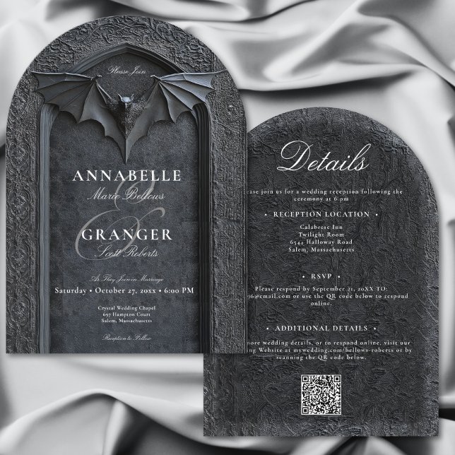 Invitación Boda de dos lados del arco negro de barba gótica d (Gothic Halloween Black Bat Arch Two Sided Wedding Invitation)