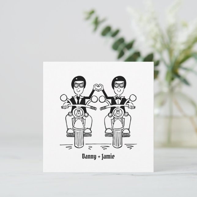 Invitación Boda de dos novios en moto personalizada (Anverso de pie)