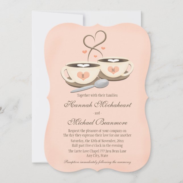 Invitación Boda de dos tazas de café monogramadas de Rubor (Anverso)