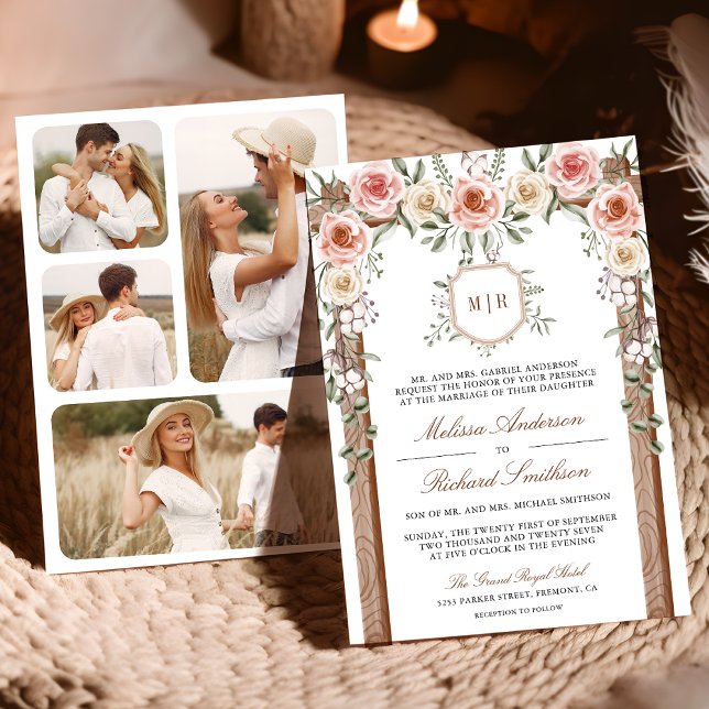 Invitación Boda de dosel de madera rústica con monograma flor (Subido por el creador)