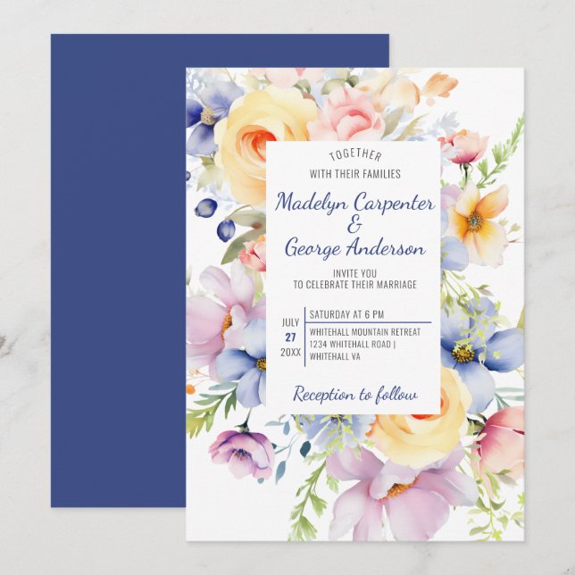 Invitación Boda de Dreamy Pastel Watercolor Florals (Anverso / Reverso)