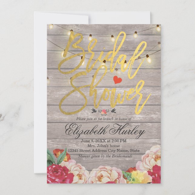 Invitación Boda de ducha con flores de madera y cadenas (Anverso)