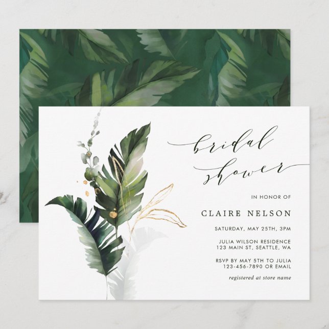 Invitación Boda  de ducha de novia con hojas verdes tropicale (Anverso / Reverso)