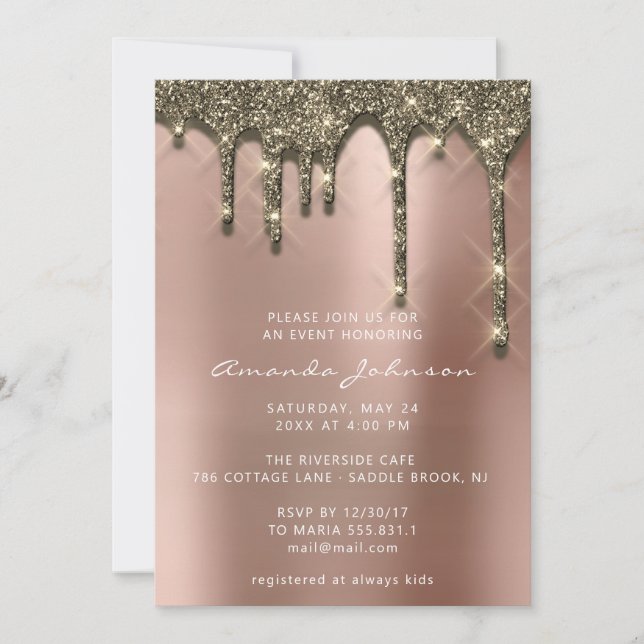 Invitación Boda de ducha de novia Cumpleaños Rosa de oro (Anverso)
