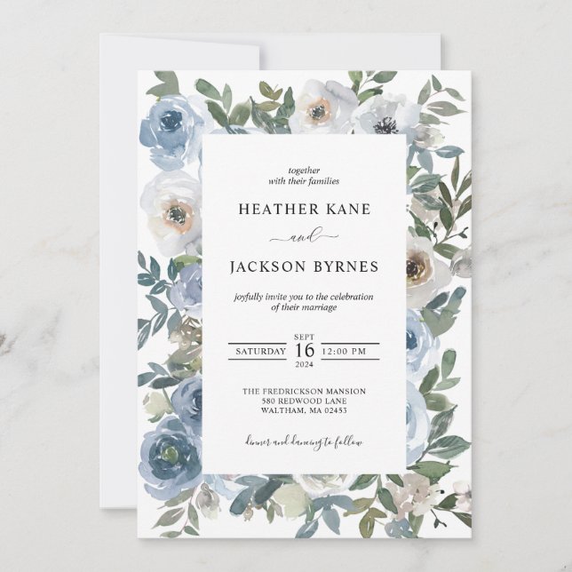 Invitación Boda de Dusty Blue Watercolor Florals  (Anverso)