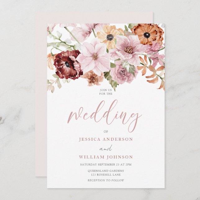 Invitación Boda de Dusty Pink Rose Watercolor Florals (Anverso / Reverso)