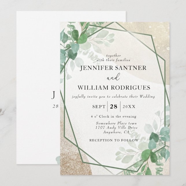 Invitación Boda de ecología del eucalipto verde del sabio del (Anverso / Reverso)