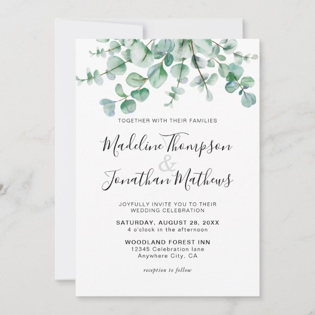 Invitación Boda de ecología minimalista Floral Eucalyptus (Anverso)