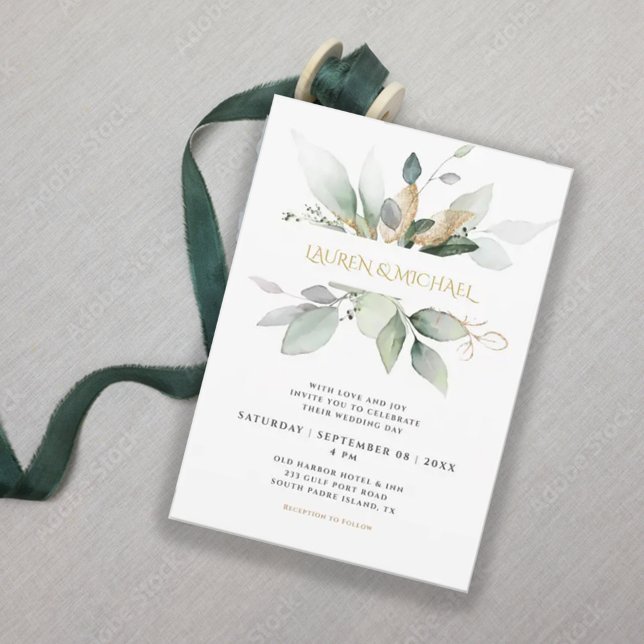 Invitación Boda de ecología y eucalipto de oro (Subido por el creador)