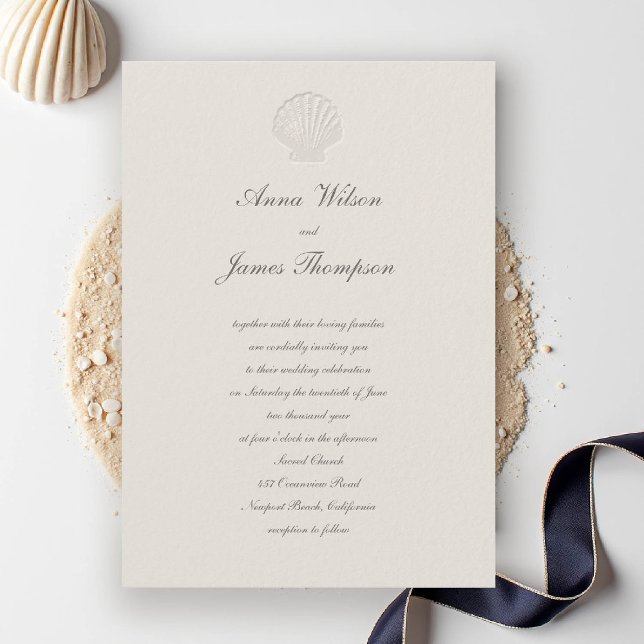 Invitación Boda De Ecru De Crímenes Clásicos De Shell Náutica (nautical coastal wedding invitation modern classic formal traditional script elegant shell ecru)