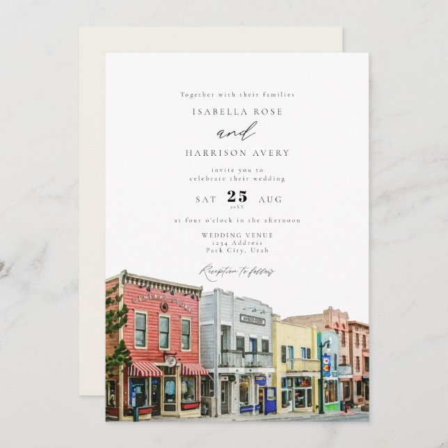 Invitación Boda de edificios de Watercolor Park City Utah (Anverso / Reverso)