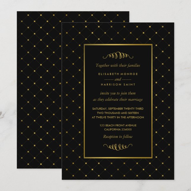 Invitación Boda de efectos modernos en negro y Relieve metali (Anverso / Reverso)
