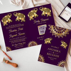 Invitación Boda de elefante étnico de oro púrpura Código QR i