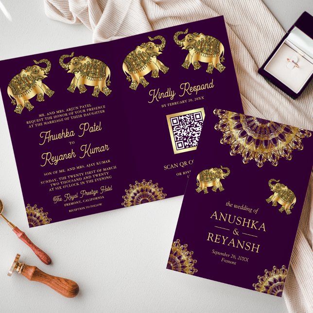Invitación Boda de elefante étnico de oro púrpura Código QR i (Subido por el creador)