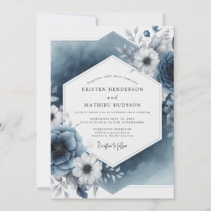 Invitación Boda de Elegancia Botánica Azul Pizarra