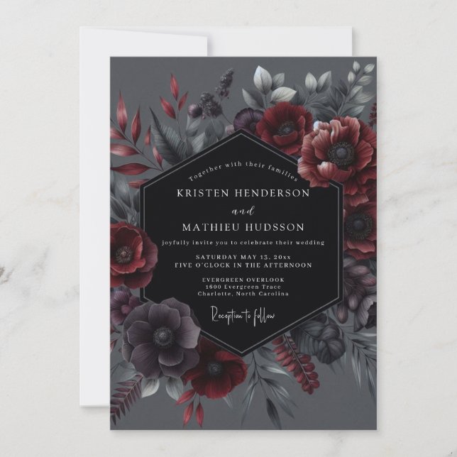 Invitación Boda de Elegancia Botánica Carmesí (Anverso)