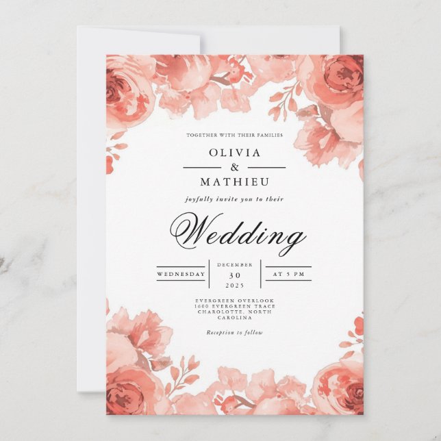Invitación Boda de elegancia botánica de Coral Bloom (Anverso)