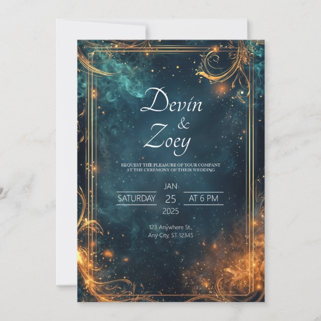 Invitación Boda de elegancia celeste de oro de medianoche (Anverso)