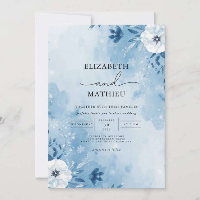Invitación Boda de elegancia con flores azules escaradas (Anverso)