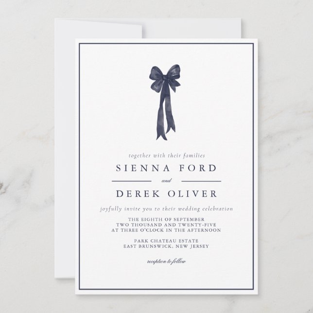 Invitación Boda de elegancia de la cinta azul de la marina (Anverso)