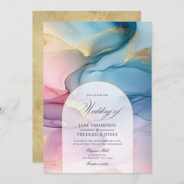 Invitación Boda de elegancia de tinta rosa, azul y dorada par (Anverso / Reverso)