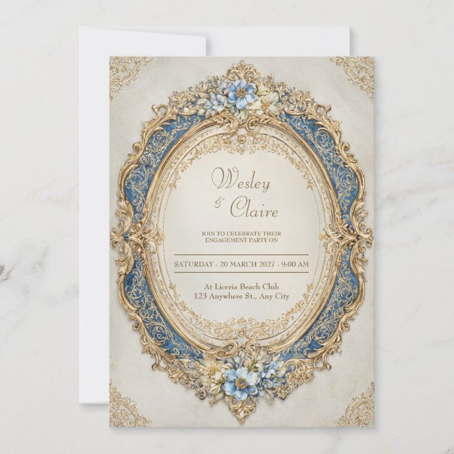 Invitación Boda de elegancia floral azul del marco dorado vic (Anverso)