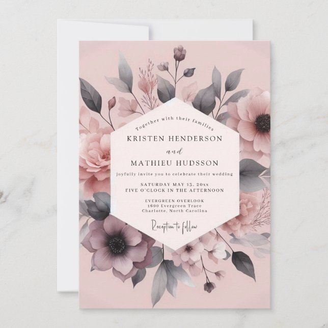 Invitación Boda de Elegancia Floral Carbón Rosado (Anverso)