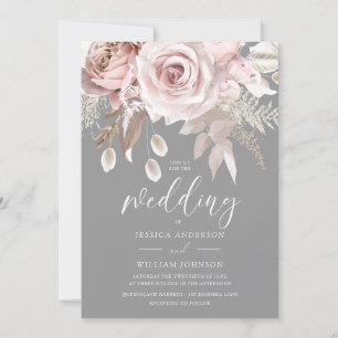 Invitación Boda de elegancia floral gris y Rubor