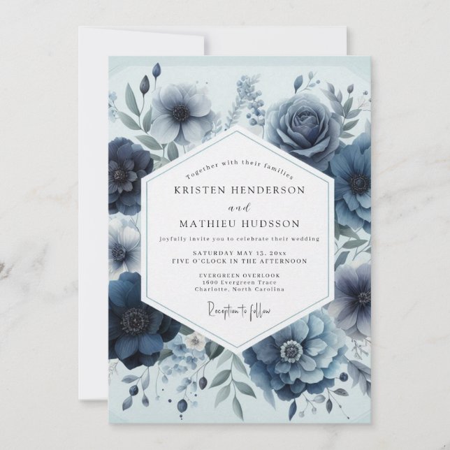 Invitación Boda de elegancia floral naval (Anverso)