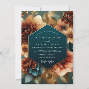 Invitación Boda de Elegancia Floral Otoñal Verde Azul
