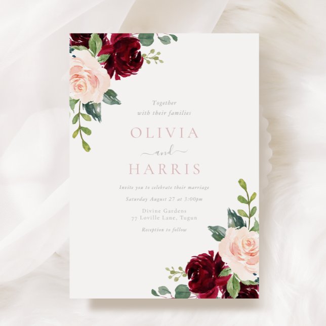 Invitación Boda de elegancia floral roja de Rubor y Borgoña (Subido por el creador)