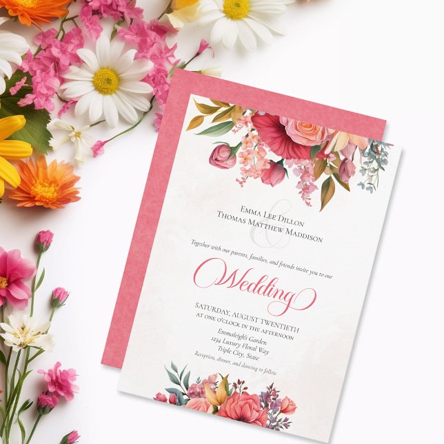 Invitación Boda de elegancia floral rosa brillante (Subido por el creador)