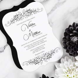 Invitación Boda de elegancia florida en blanco y negro